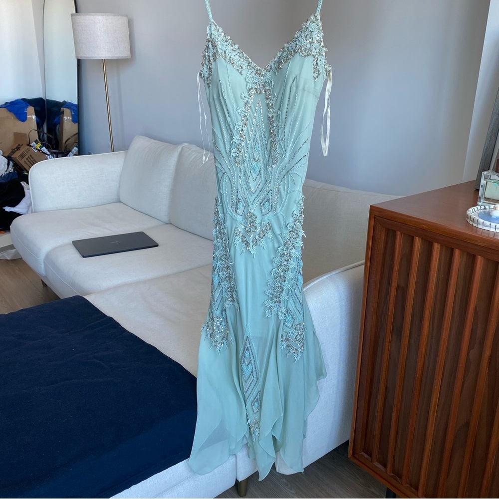 Seafoam Green Y2K Sue Wong Beaded Midi Dress, Size 2